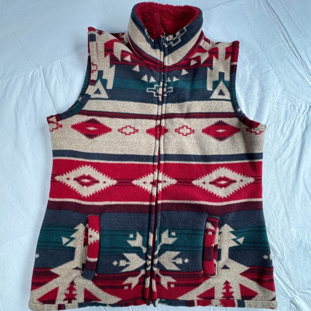 Jane Ashley Womens Petite Large Southwestern Fleece Vest Sherpa Lined Full Zip